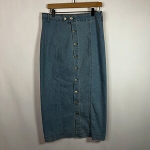 Boutique‎ Skirt Women XL Denim Button Front Midi Light Wash Blue Denim Jean Boho